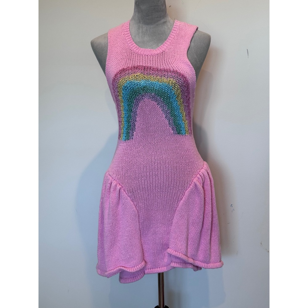 Wildfox White Label Pink Rainbow Knit Drop Waist Mini Dress Small Sleeveless